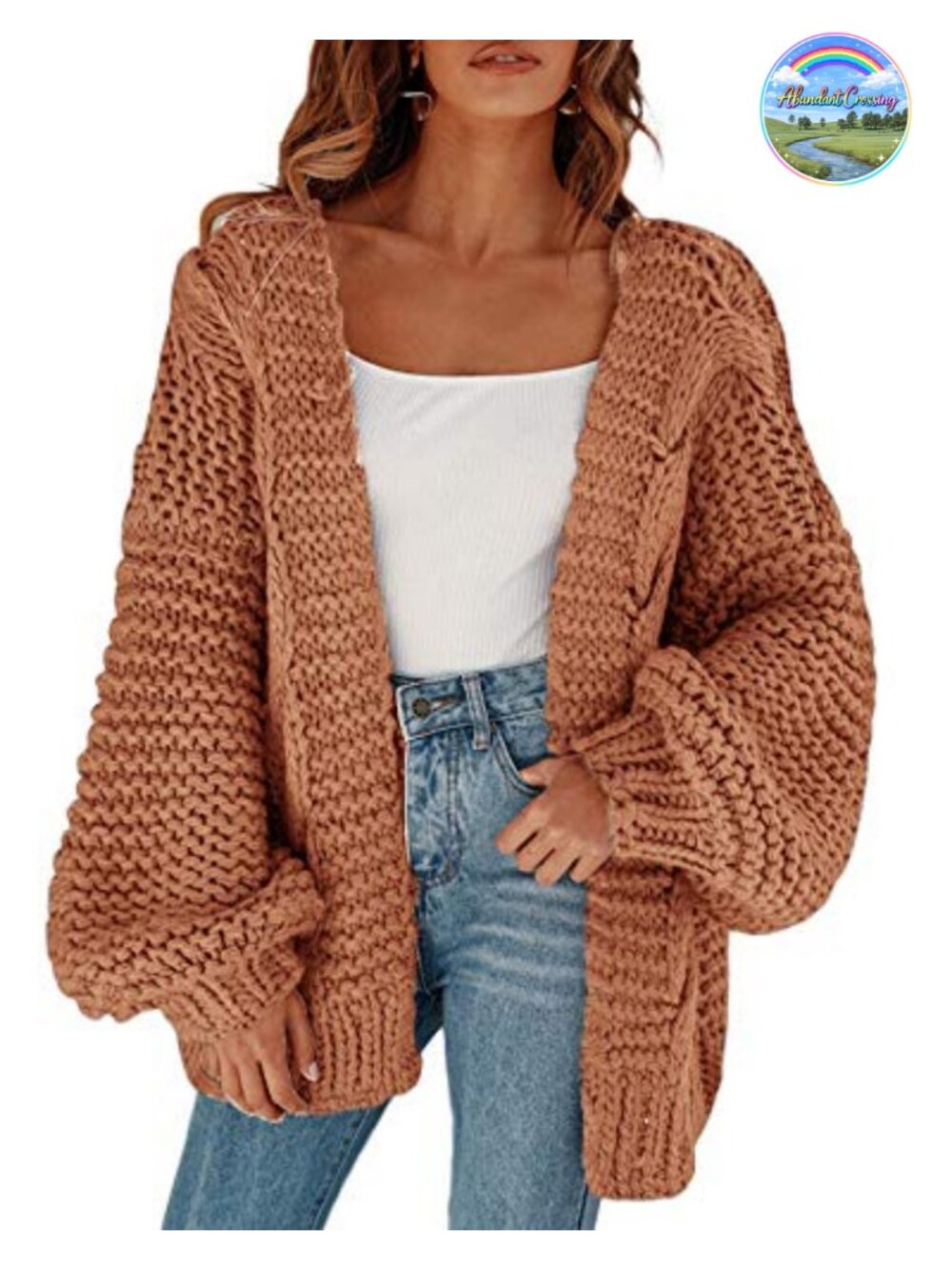 Chunky Knit Open Front Cardigan Loose Lantern Sleeve Oversized Sweater